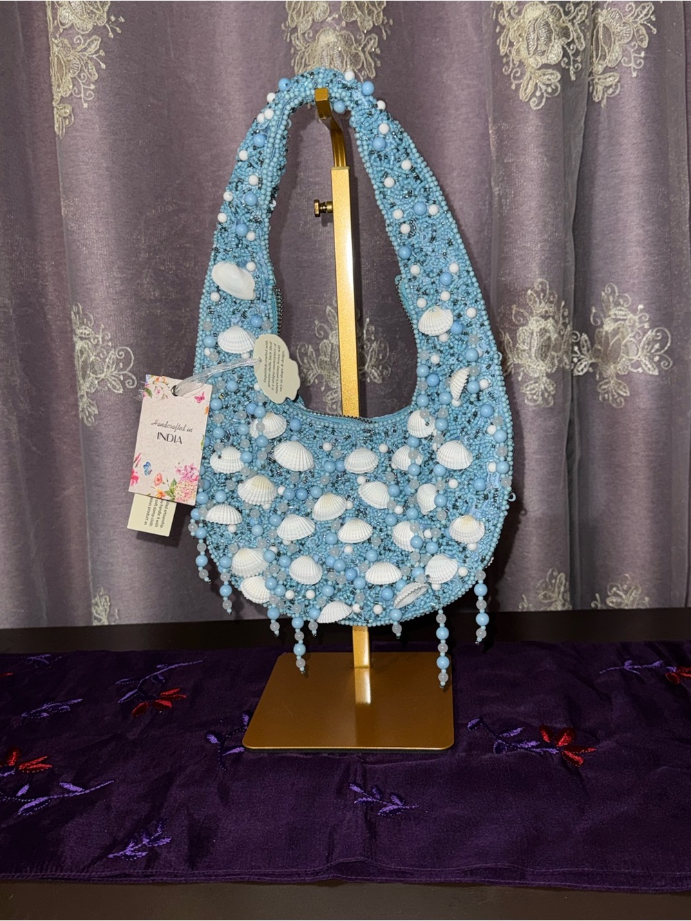 NWT Handcrafted India Real Seashell Blue Beaded Hobo Fringe Bag